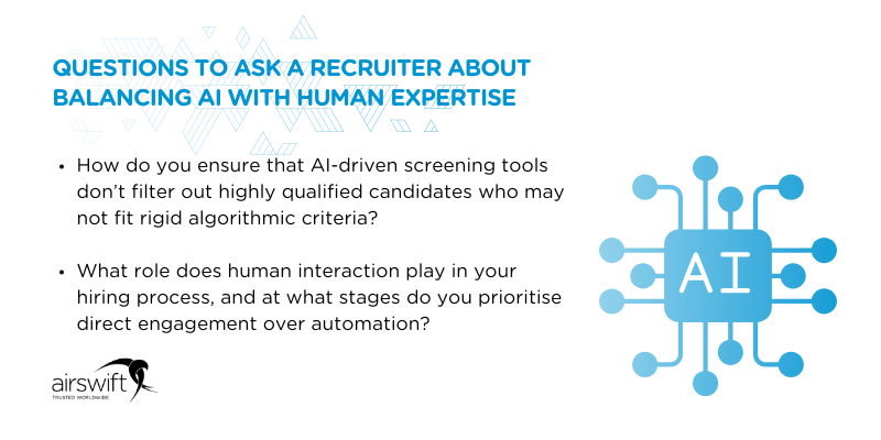 Graphic discussing the role of AI-driven screening tools and the importance of human interaction in recruitment, emphasizing how best-in-class agencies balance automation with personalized candidate engagement.